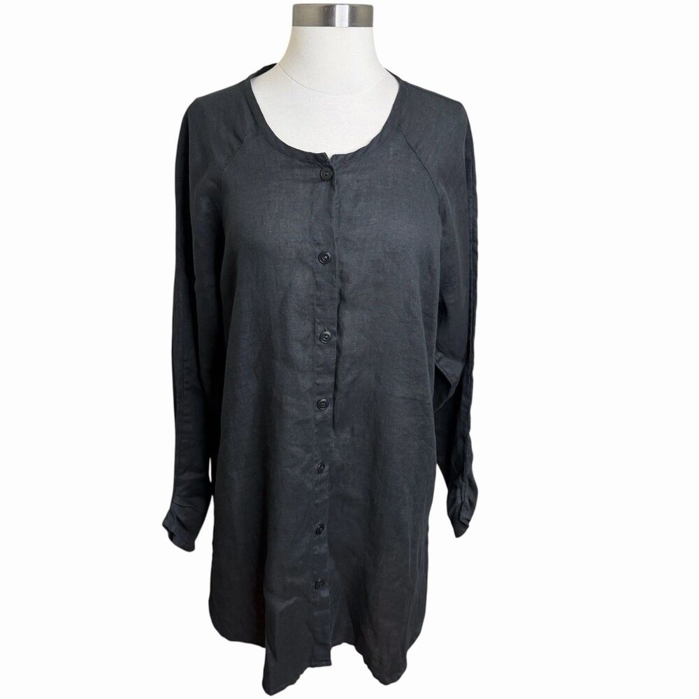FLAX Linen Longline Tunic Button Down Dress M Charcoal Black Lagenlook Oversized